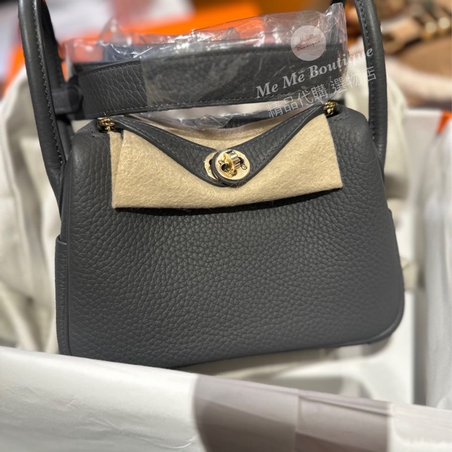 Hermès mini Lindy 85石板灰 淡金釦 二代 全新全配-1