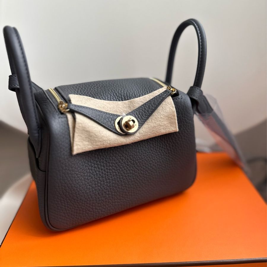 Hermès mini Lindy 85石板灰 淡金釦 二代 全新全配-2