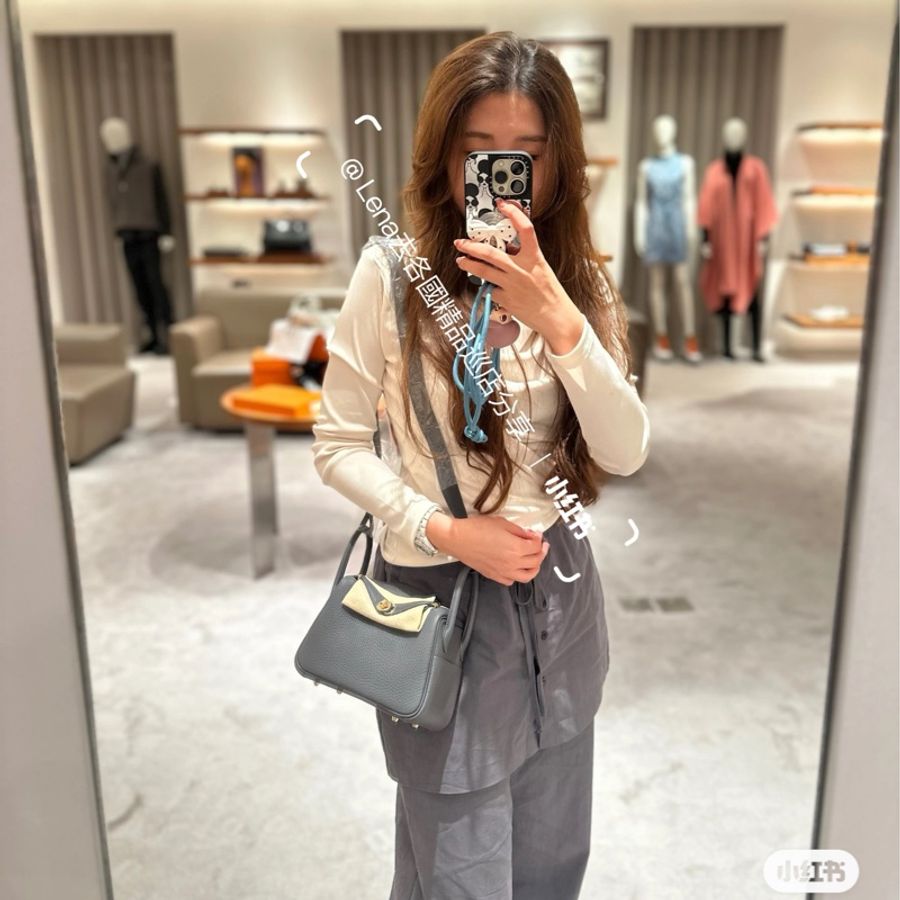 Hermès mini Lindy 85石板灰 淡金釦 二代 全新全配-4