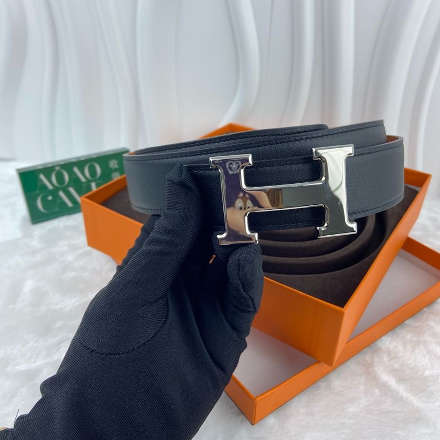 HERMES H 銀扣 黑色男士皮帶 85cm-1