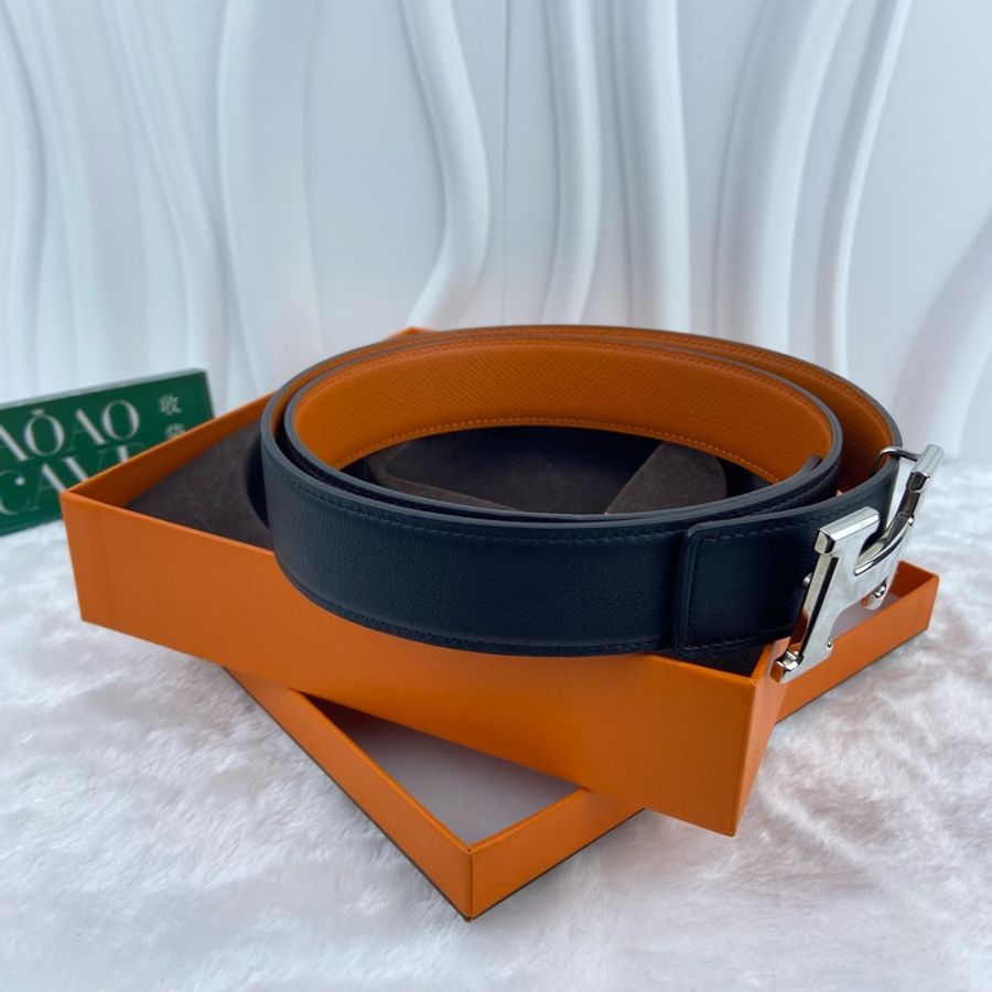 HERMES H 銀扣 黑色男士皮帶 85cm-4