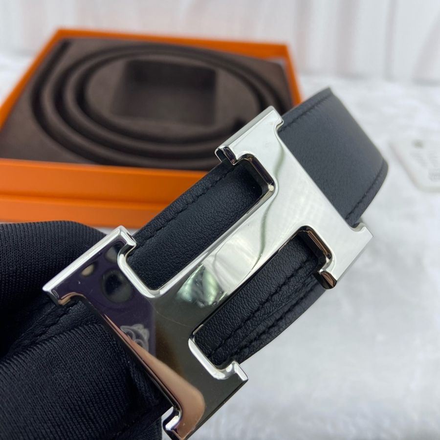 HERMES H 銀扣 黑色男士皮帶 85cm-9