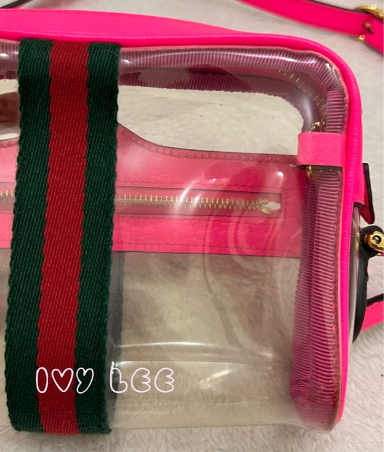 Gucci 粉紅色皮革 紅綠織帶 517350透明 PVC迷你Ophidia 斜背包 肩背包 造型 相機包 二手精品-19