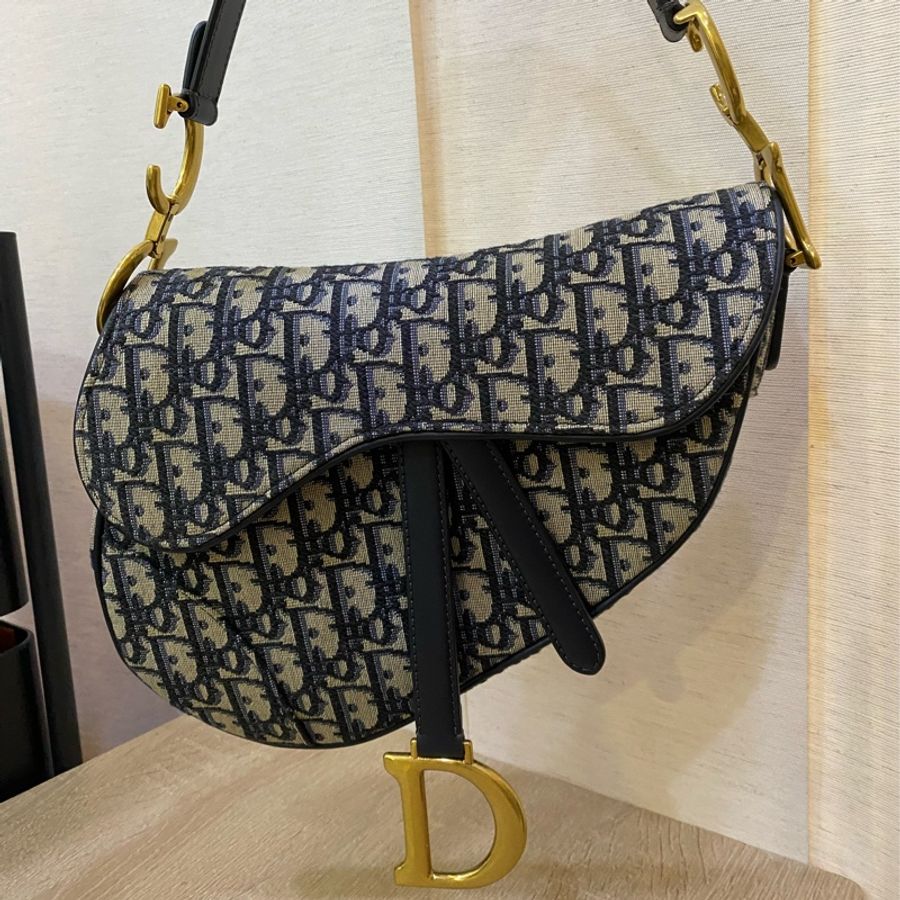 Dior 藍緹布霧金釦手提馬鞍包-5