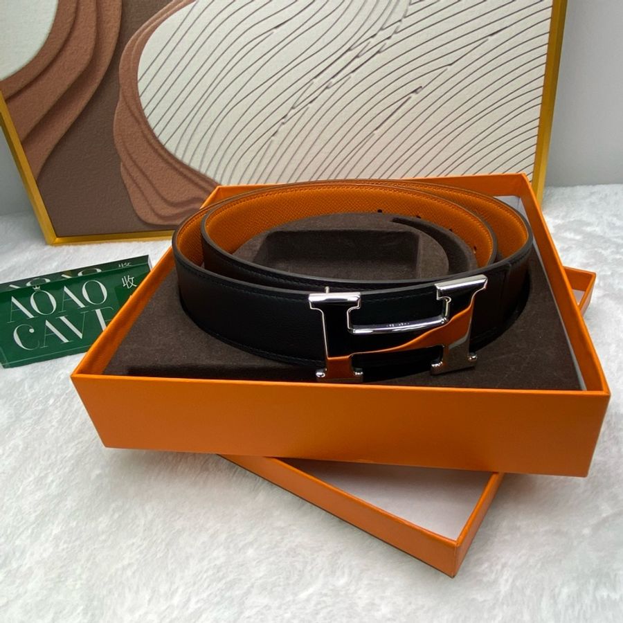 HERMES H 銀扣 黑色男士皮帶 85cm-1