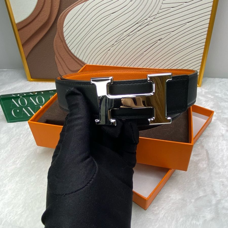 HERMES H 銀扣 黑色男士皮帶 85cm-2