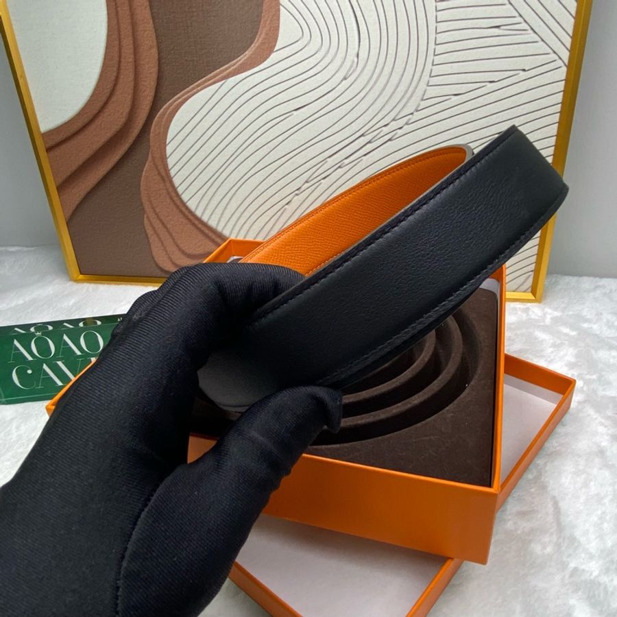 HERMES H 銀扣 黑色男士皮帶 85cm-3