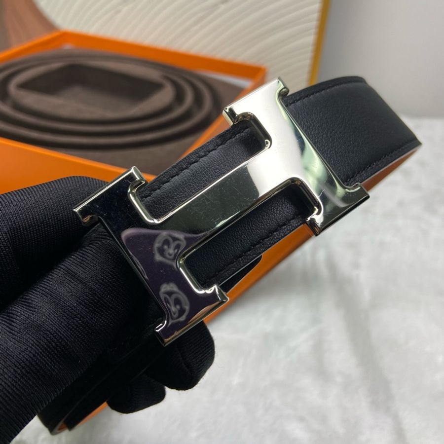 HERMES H 銀扣 黑色男士皮帶 85cm-6
