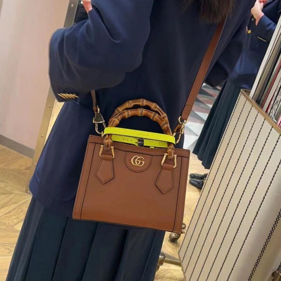 gucci 咖牛皮霧金釦竹節方型手提斜背包-0
