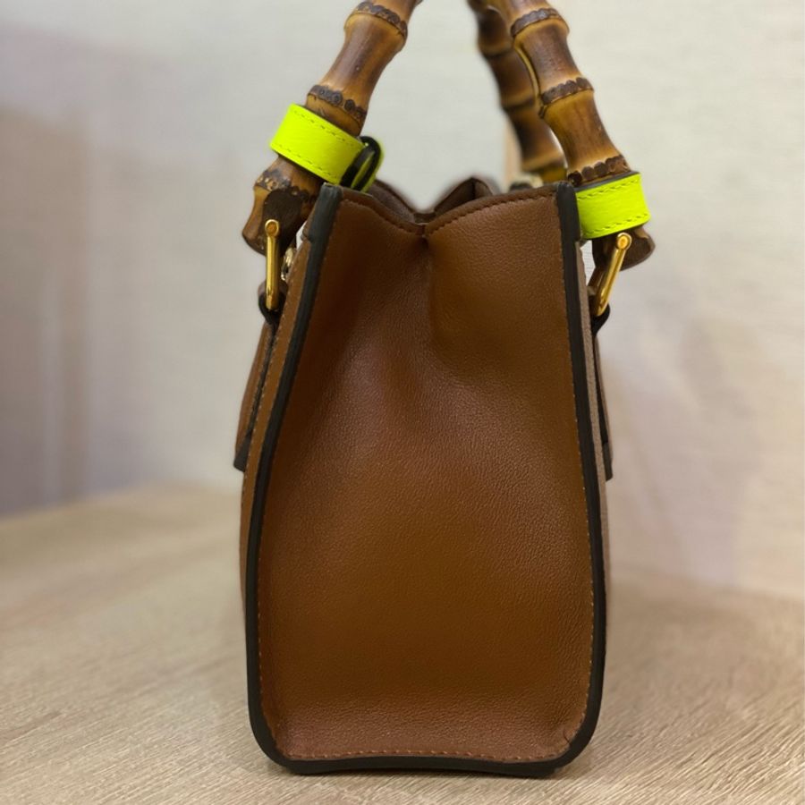 gucci 咖牛皮霧金釦竹節方型手提斜背包-2
