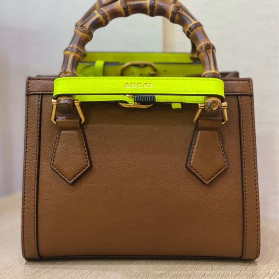 gucci 咖牛皮霧金釦竹節方型手提斜背包-6