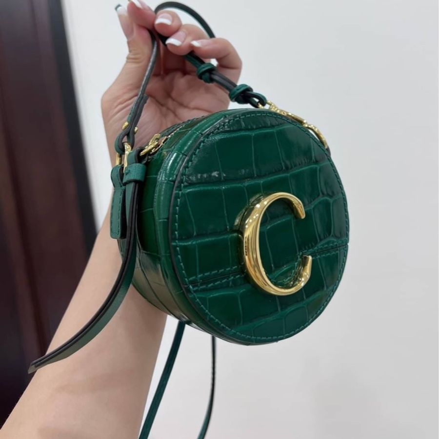 Chloe 金色C字迷你 圓餅包 森林綠牛皮 肩背包 斜背包 小廢包-3