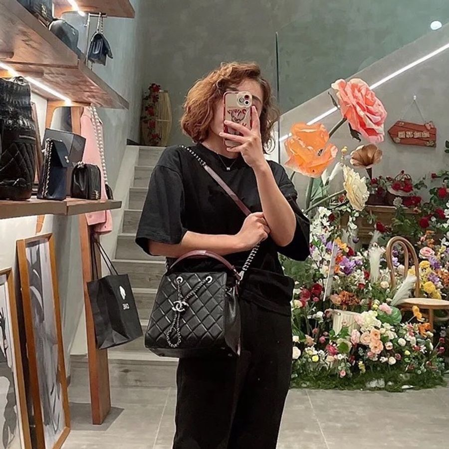 Chanel黑銀荔枝牛皮水桶包🐮22開❤️稀有經典酒紅內裏🉑斜背🉑肩背🉑手提-1