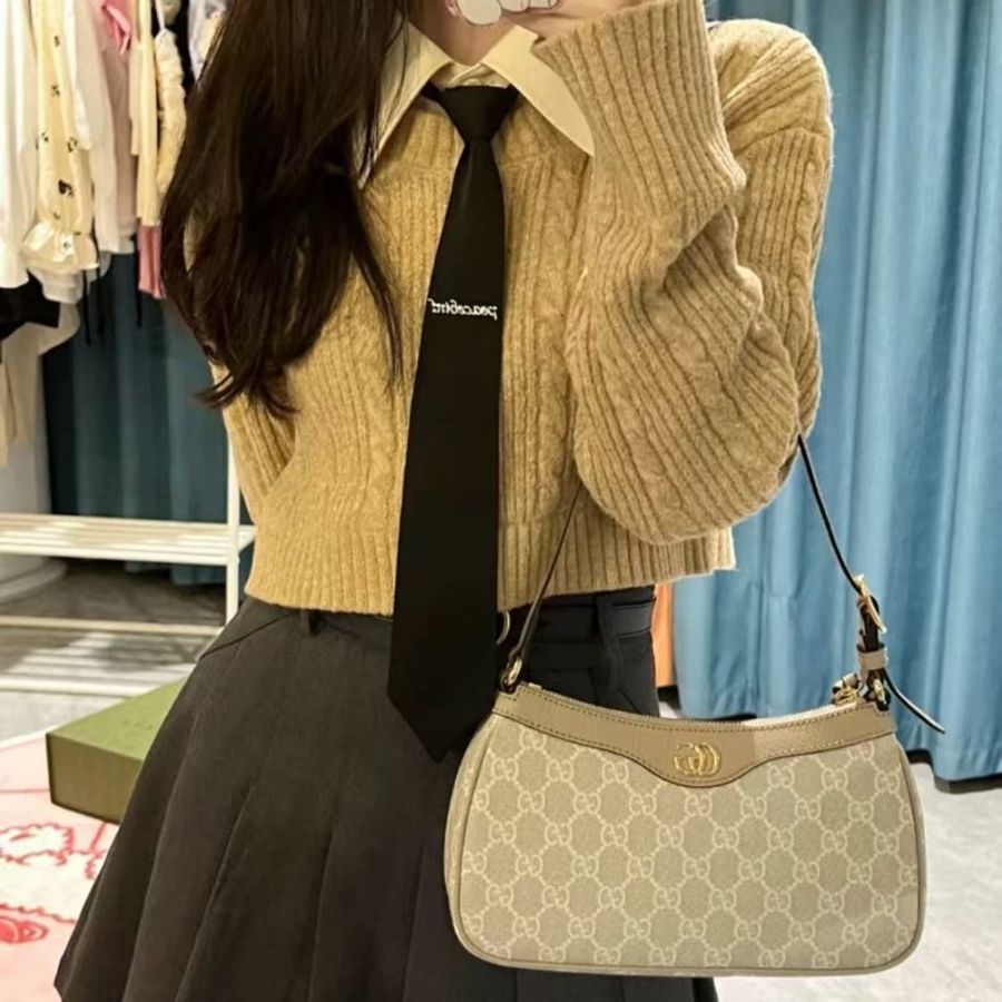 24年全新全套GUCCI腋下包 老花米白色-3