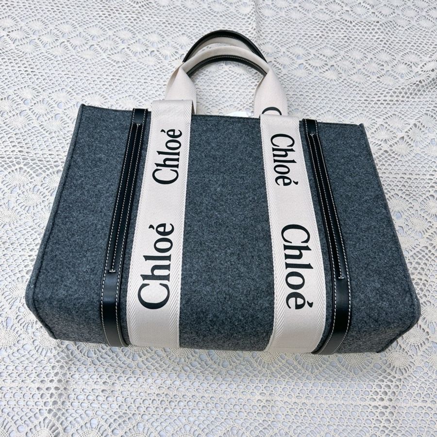 Chloe Woody 秋冬款毛呢灰色中號托特包-0