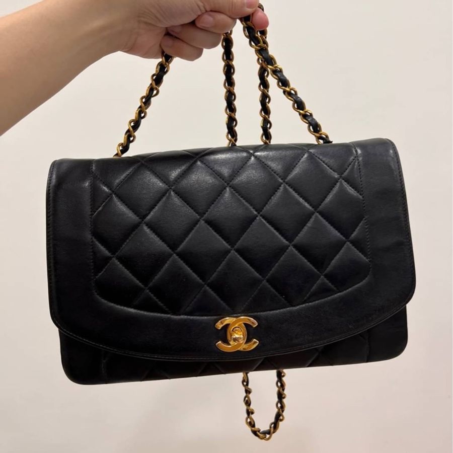 Chanel 香奈兒 Dianna Bag 25 黛妃包 羊皮 黑金 老香 vintage 戴妃包 斜背包 肩背包 側背包 手提包-0