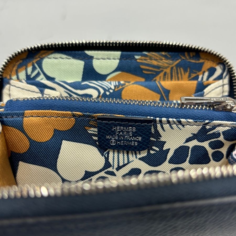 Hermes Silk’in深藍Epsom皮銀釦絲巾短夾A刻-11