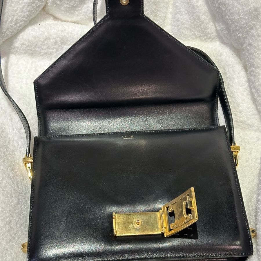 Celine diffusion1970黑色vintage金釦肩背包-7