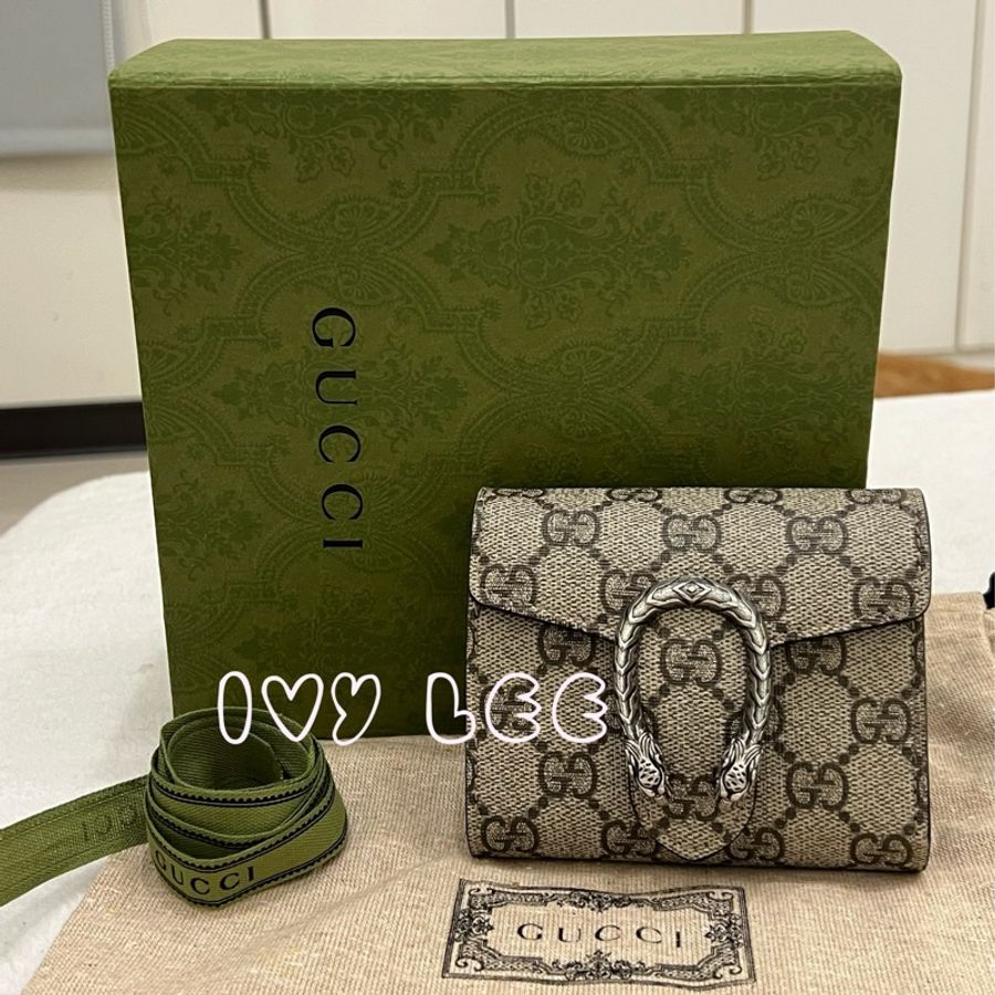 GUCCI 古馳 Dionysus系列LOGO帆布牛皮內襯裡暗釦 短夾 米色 烏木色 酒神短夾 二手精品-0