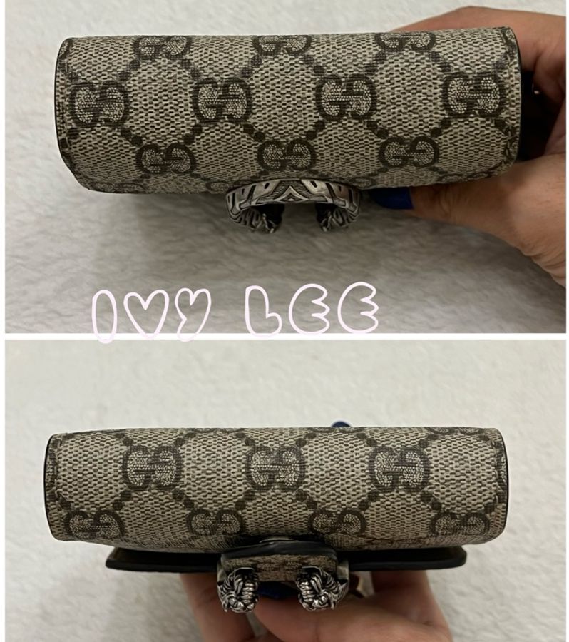 GUCCI 古馳 Dionysus系列LOGO帆布牛皮內襯裡暗釦 短夾 米色 烏木色 酒神短夾 二手精品-12