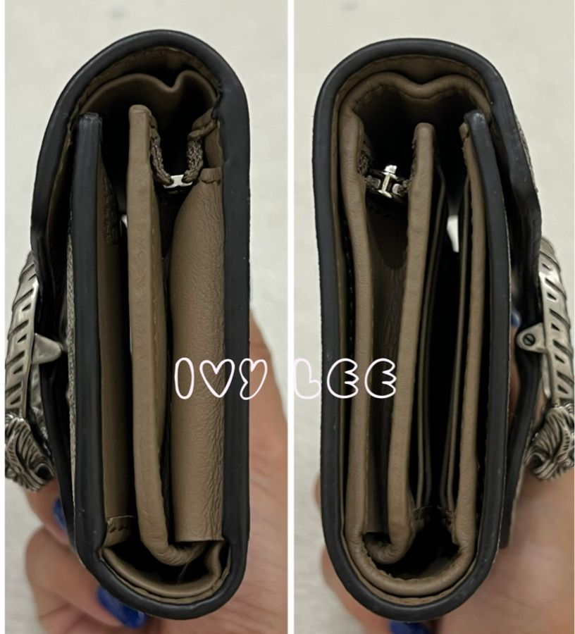 GUCCI 古馳 Dionysus系列LOGO帆布牛皮內襯裡暗釦 短夾 米色 烏木色 酒神短夾 二手精品-13