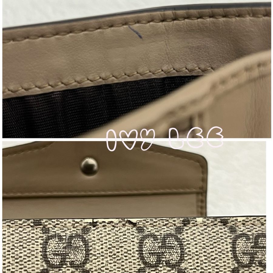 GUCCI 古馳 Dionysus系列LOGO帆布牛皮內襯裡暗釦 短夾 米色 烏木色 酒神短夾 二手精品-19