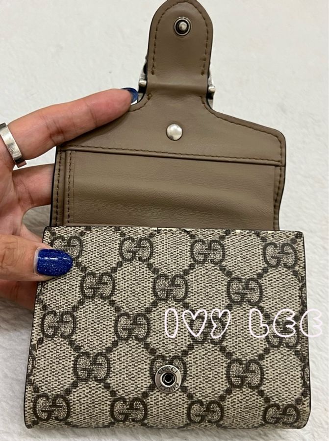 GUCCI 古馳 Dionysus系列LOGO帆布牛皮內襯裡暗釦 短夾 米色 烏木色 酒神短夾 二手精品-26