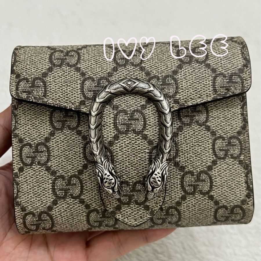 GUCCI 古馳 Dionysus系列LOGO帆布牛皮內襯裡暗釦 短夾 米色 烏木色 酒神短夾 二手精品-27
