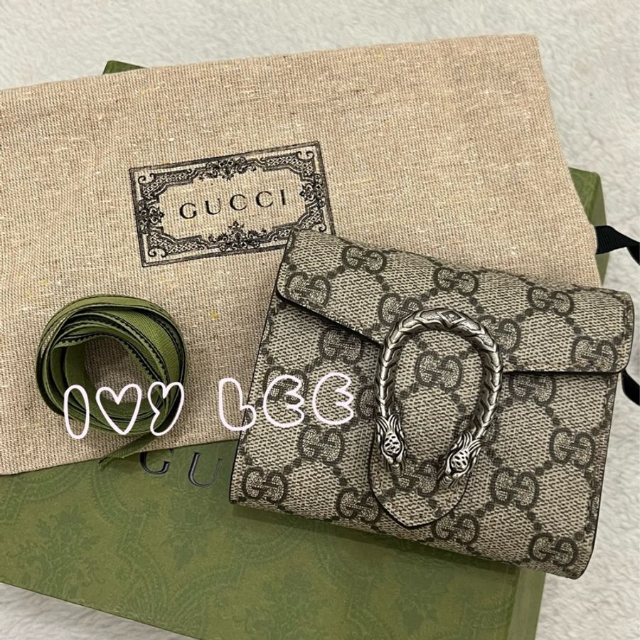 GUCCI 古馳 Dionysus系列LOGO帆布牛皮內襯裡暗釦 短夾 米色 烏木色 酒神短夾 二手精品-28