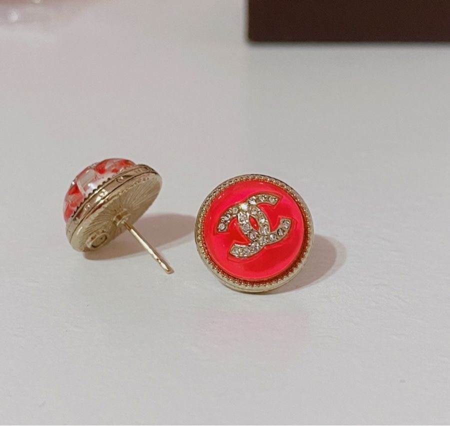 全新香奈兒桃紅水鑽鈕扣耳環-1