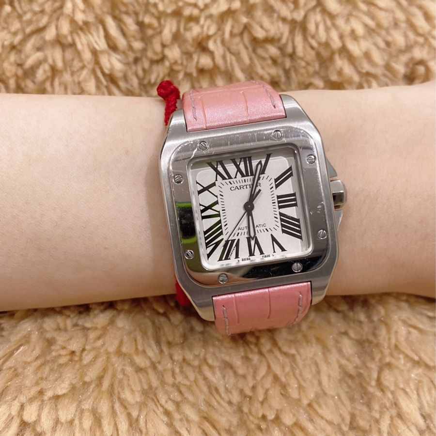 🔆Cartier santos 100 寶寶粉原廠皮革錶帶 自動上鏈 附保卡 附品牌絨布袋 附盒 附小冊子-0