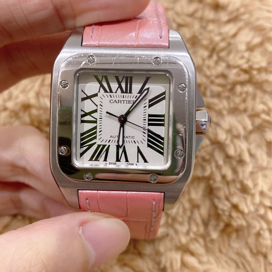 🔆Cartier santos 100 寶寶粉原廠皮革錶帶 自動上鏈 附保卡 附品牌絨布袋 附盒 附小冊子-1