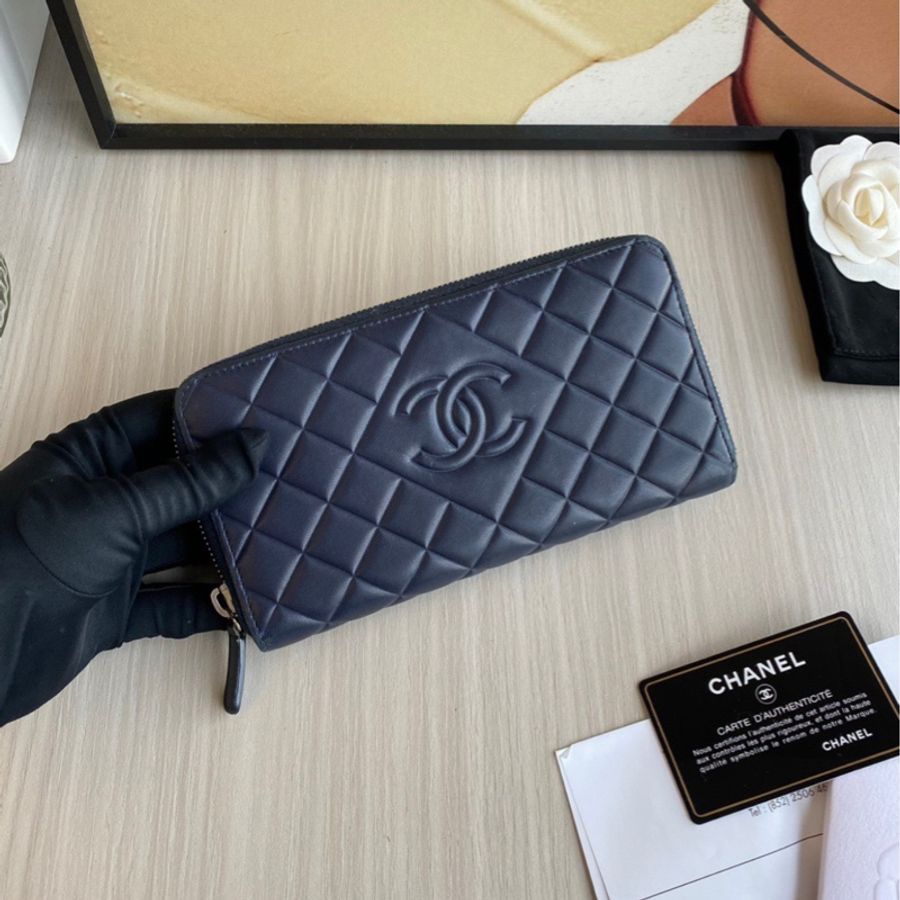 CHANEL 康鵬系列菱形格長款拉鍊錢包 深藍色羊皮 大全套-1