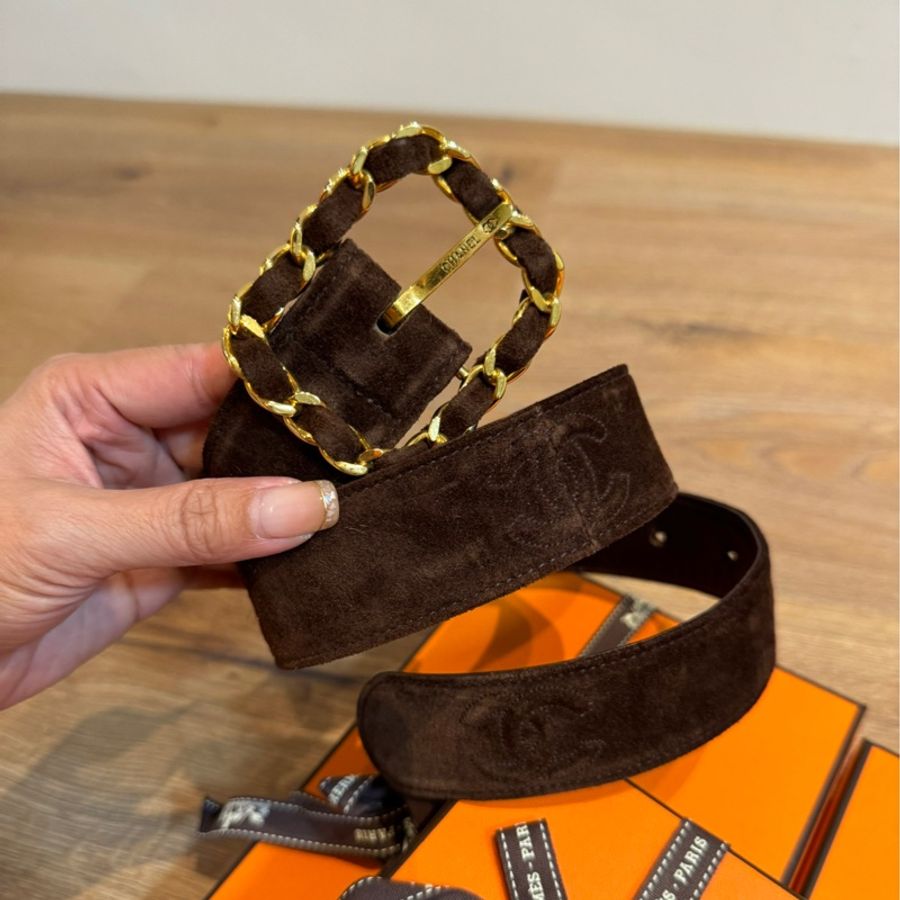 Chanel vintage 咖啡色 絨布 皮革 logo方扣 腰帶 皮帶 腰封-0