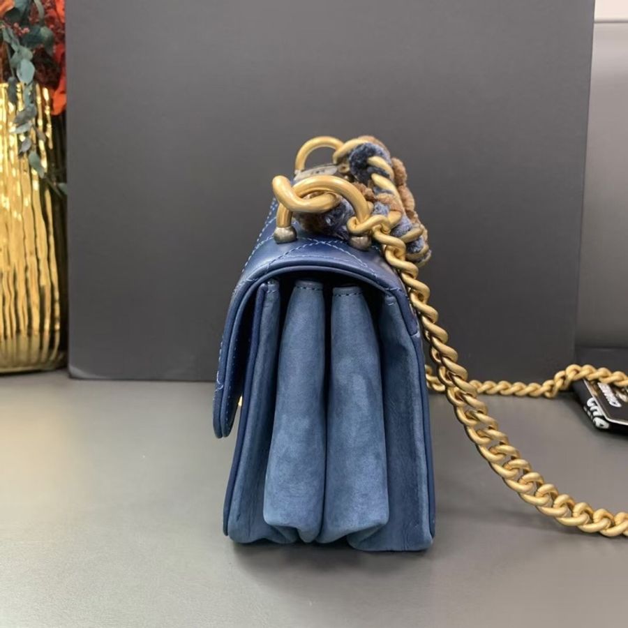 Chanel香奈兒大都會風琴包小號深藍色牛蠟皮復古金扣鏈條包,鐳射26開-3