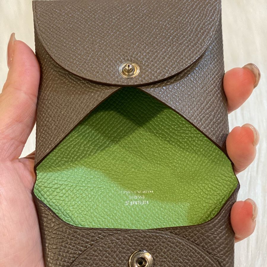 Hermes 8F錫器灰內拼牛油果綠slia 零錢卡包-10