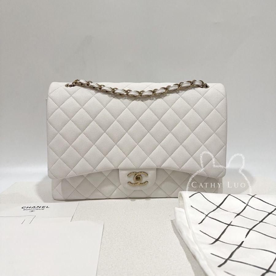 Chanel白色荔枝皮金釦maxi jumbo-1