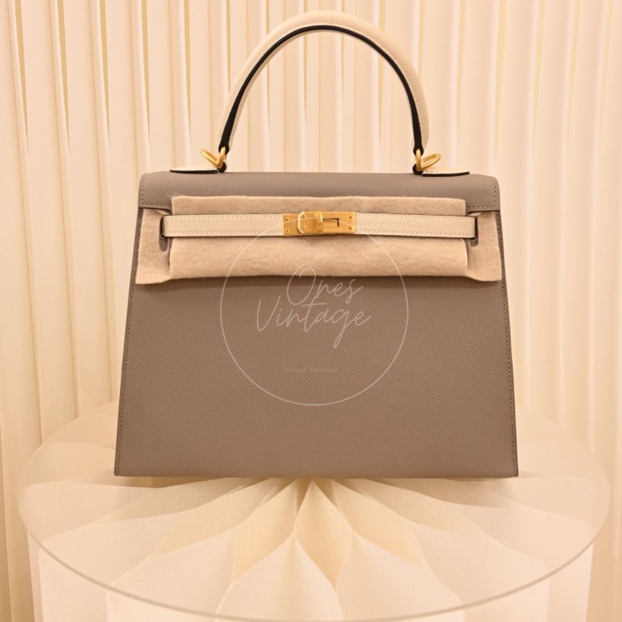 [Brand New] Hermes Kelly 25 Epsom Gris Tourterelle & Nata with Brushed Gold Hardware-0