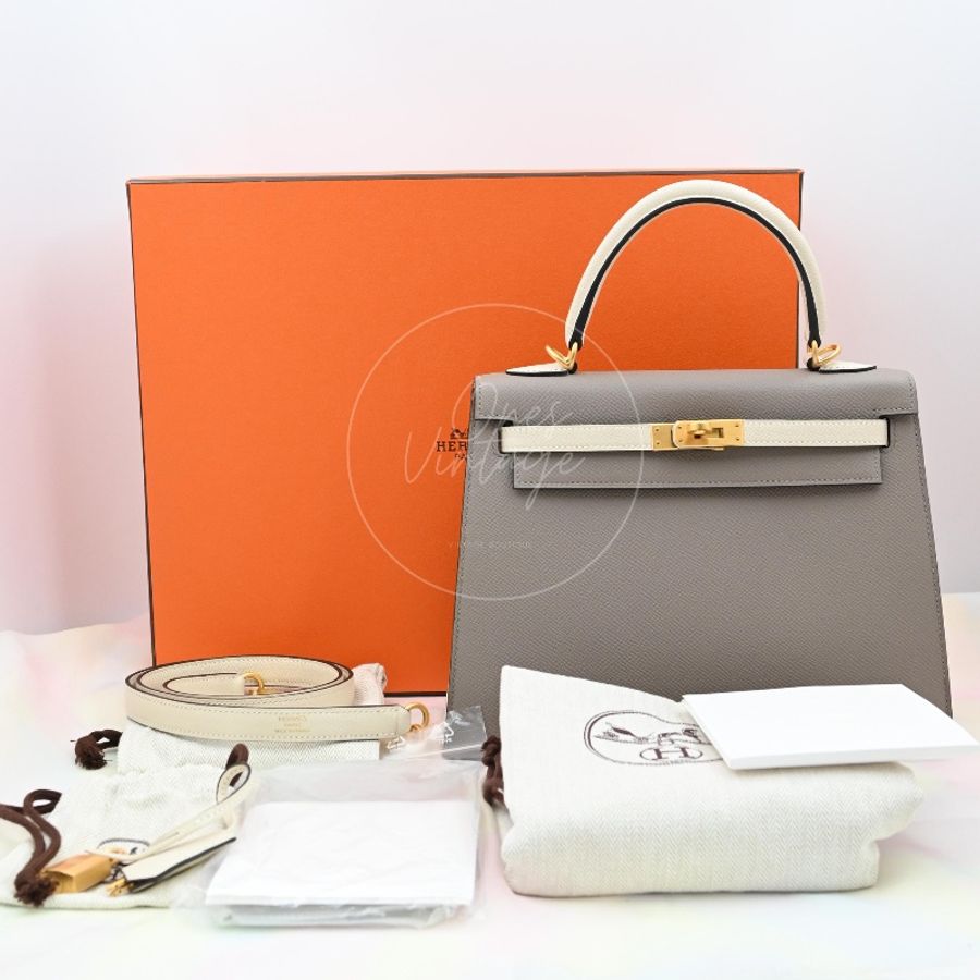 [Brand New] Hermes Kelly 25 Epsom Gris Tourterelle & Nata with Brushed Gold Hardware-10