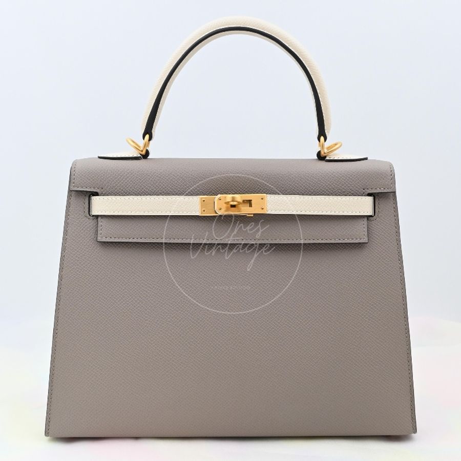 [Brand New] Hermes Kelly 25 Epsom Gris Tourterelle & Nata with Brushed Gold Hardware-11
