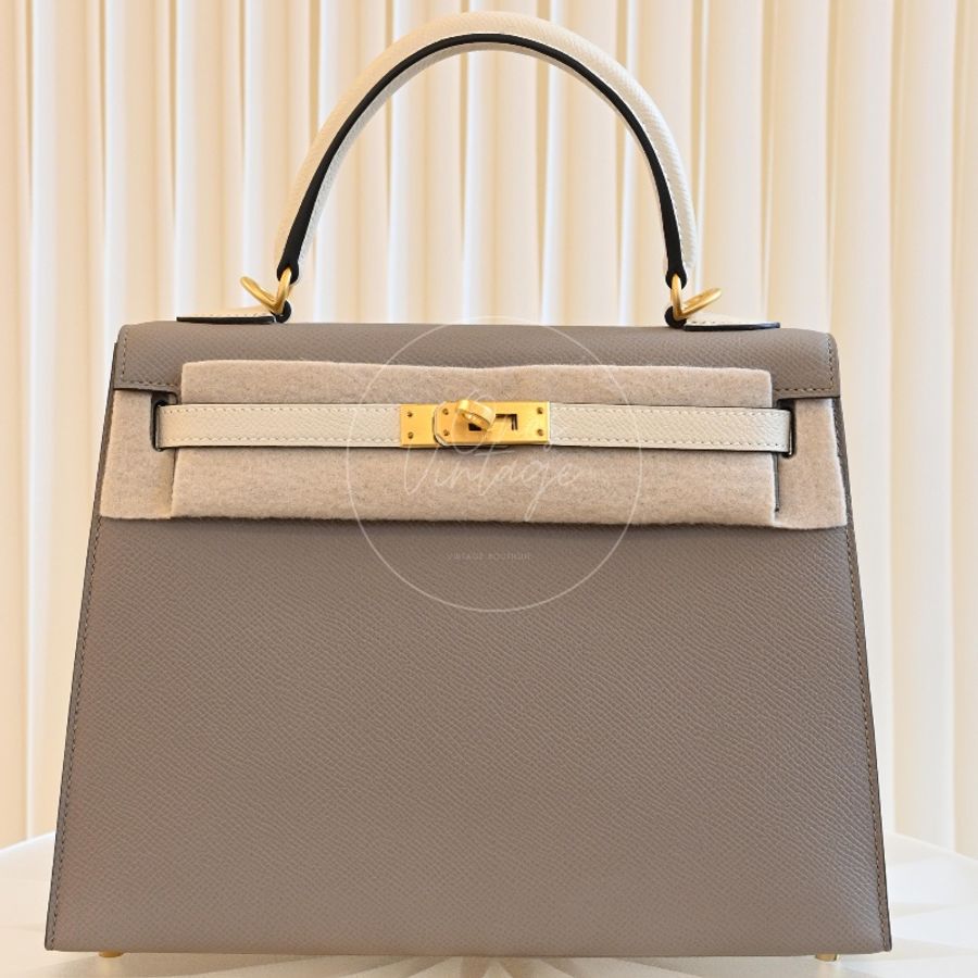 [Brand New] Hermes Kelly 25 Epsom Gris Tourterelle & Nata with Brushed Gold Hardware-12