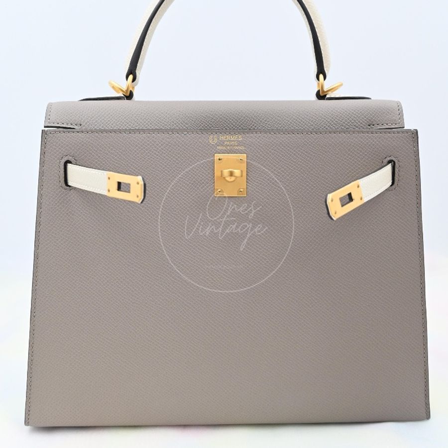 [Brand New] Hermes Kelly 25 Epsom Gris Tourterelle & Nata with Brushed Gold Hardware-16