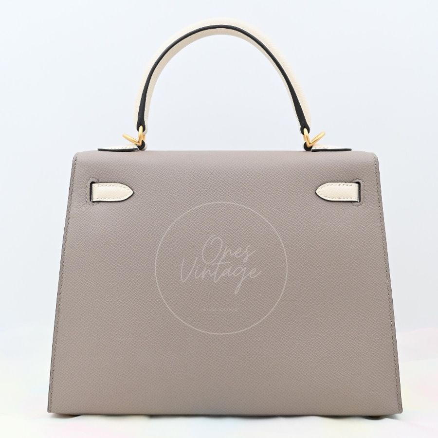 [Brand New] Hermes Kelly 25 Epsom Gris Tourterelle & Nata with Brushed Gold Hardware-18
