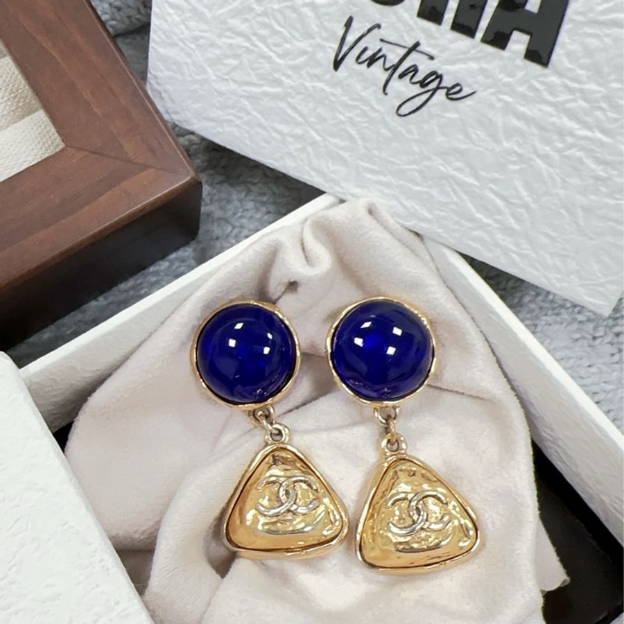 Chanel vintage 藍色琉璃吊墜耳夾-5