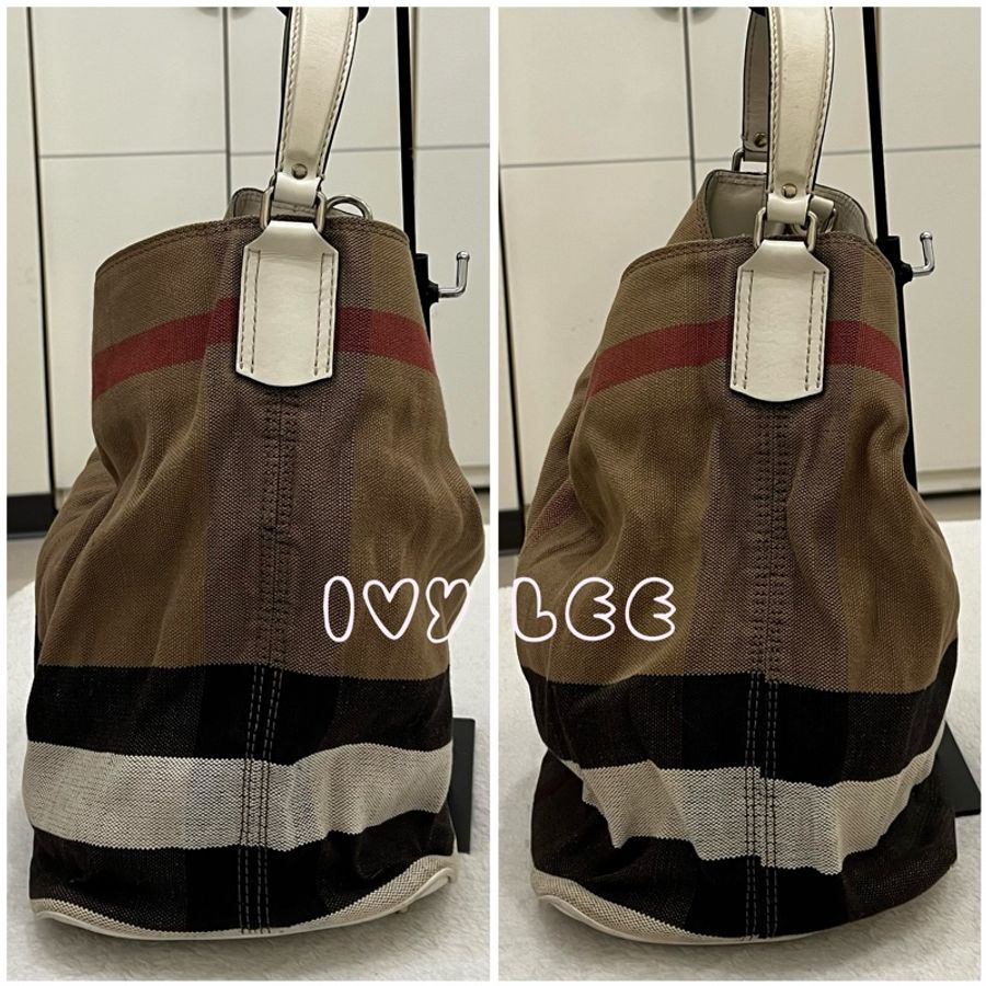 BURBERRY巴寶莉 棕色 格紋 帆布 水桶包 單肩包 二手精品-13