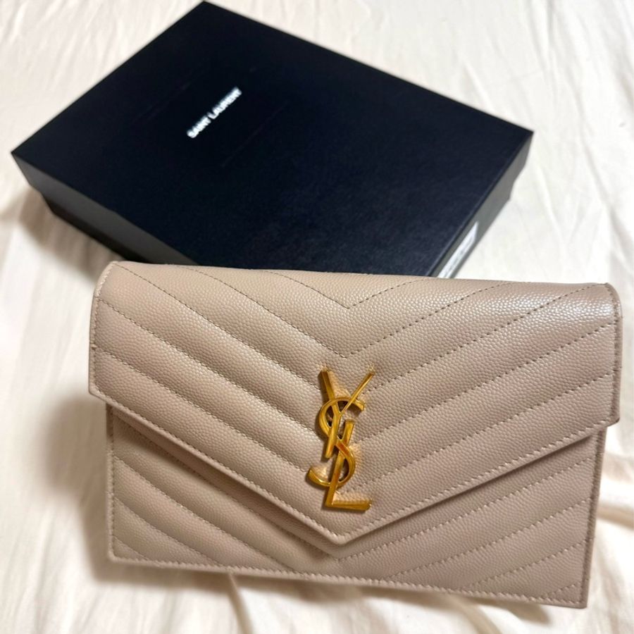YSL 聖羅蘭 WOC - CASSANDRE 經典粒面皮革鏈條錢包 深米色-8
