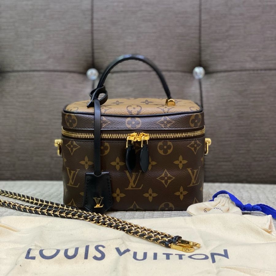 LV 雙色原花金釦手提斜背化妝包Vanity PM M45165-1