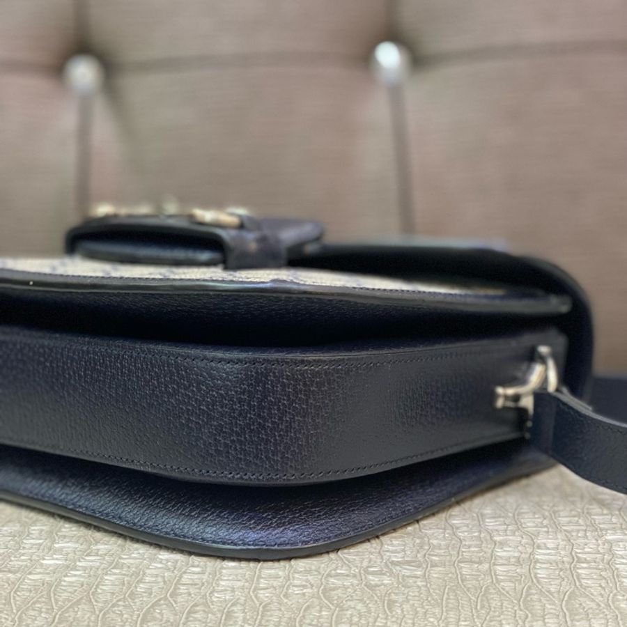 Gucci PVC藍牛皮邊霧銀釦下蓋馬銜釦肩斜背1955包Horsebit-6