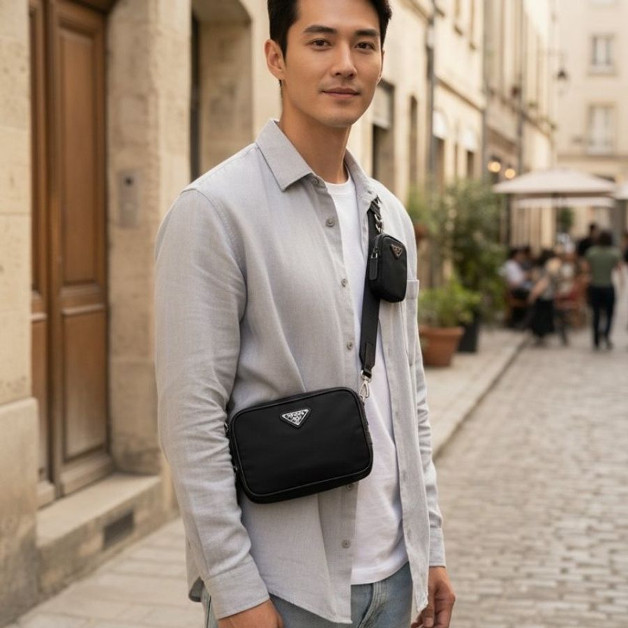 ⏰限時特賣價🌺Prada 2VH070 Saffiano 再生尼龍及 Saffiano Brique 相機包 附吊飾萬用包 黑色-1