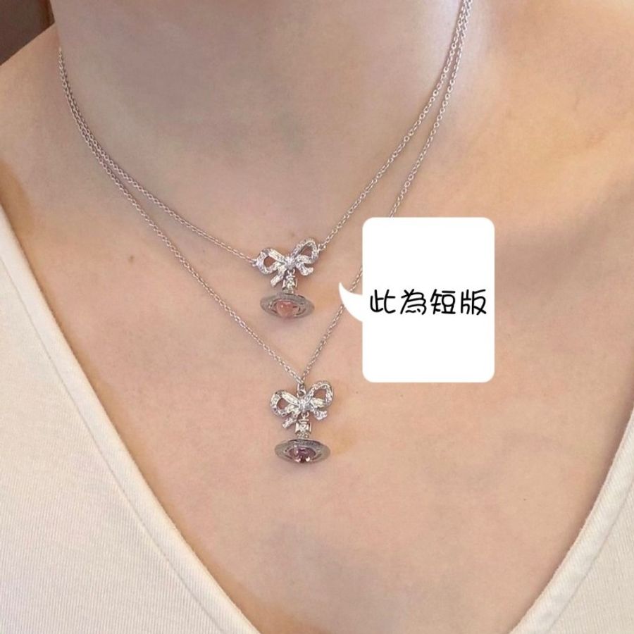 降價!喜歡帶走~全新 Vivienne westwood 粉紅蝴蝶結土星項鍊-1